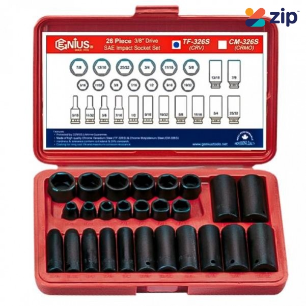 Genius Tools TF-326S - 26 Piece 3/8” Drive 6-Point SAE Impact Socket Set